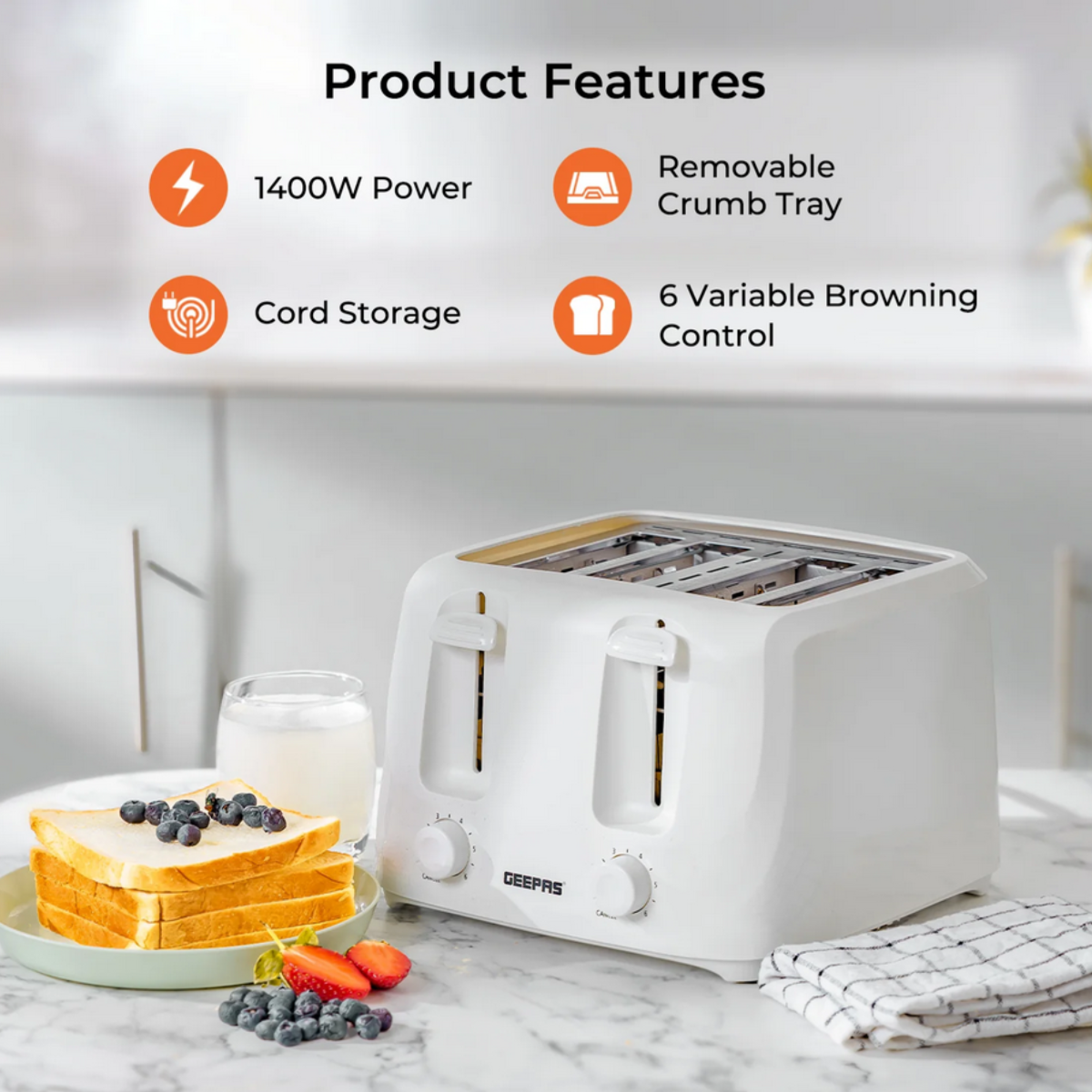 Geepas Plastic White Two-Slice Bread Toaster