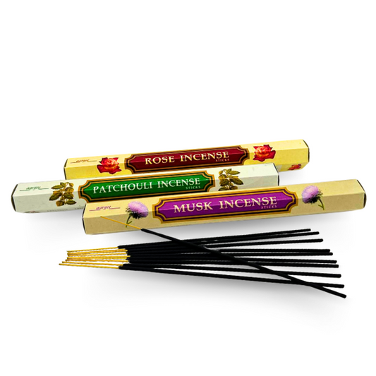 Pack of 3 Incense Sticks: Patchouli, Musk, and Rose