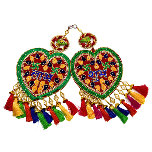 Diwali Decorations Heart-Shaped Double-Sided Toran with Shubh Labh and Parrot Design for Home Hanging Ornament