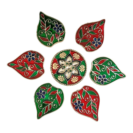 Decorative Colorful Metal Rangoli Pieces – Set of 3 Variants (Floral, Diya, Matki)