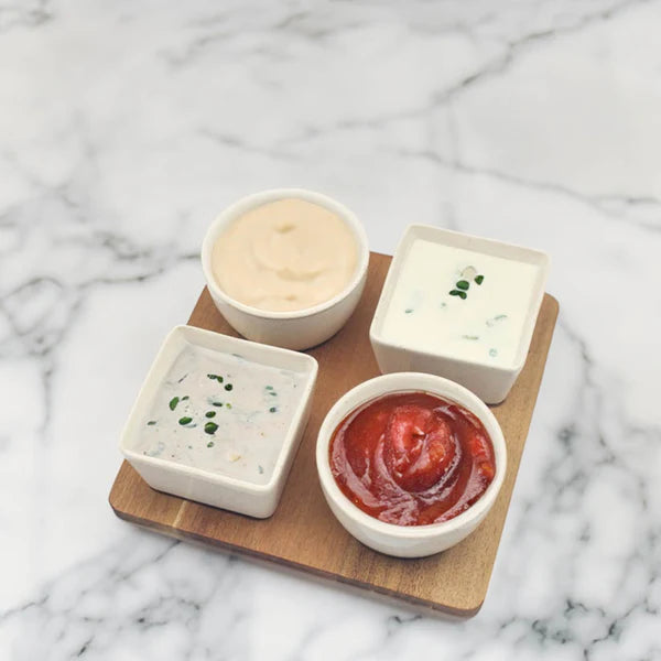 4Pc Ceramic Snack Bowls with Wooden Tray Dip Sauce Condiment Serving Set 23X23X7
