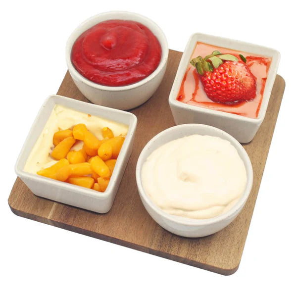 4Pc Ceramic Snack Bowls with Wooden Tray Dip Sauce Condiment Serving Set 23X23X7