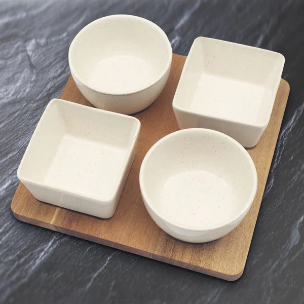 4Pc Ceramic Snack Bowls with Wooden Tray Dip Sauce Condiment Serving Set 23X23X7