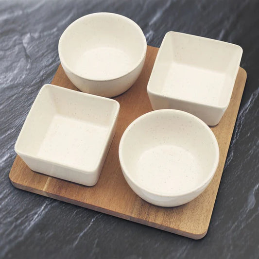 4Pc Ceramic Snack Bowls with Wooden Tray Dip Sauce Condiment Serving Set 23X23X7