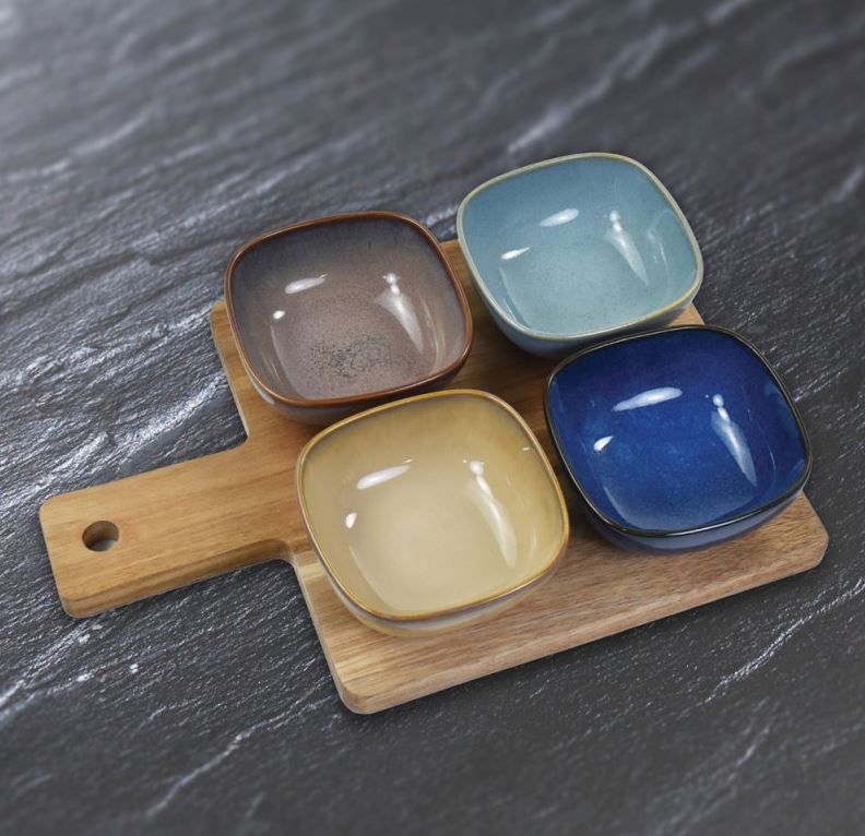 Lesser & Pavey Snack Dishes & Wooden Paddle Tray – Set of 4 Ceramic Bowls