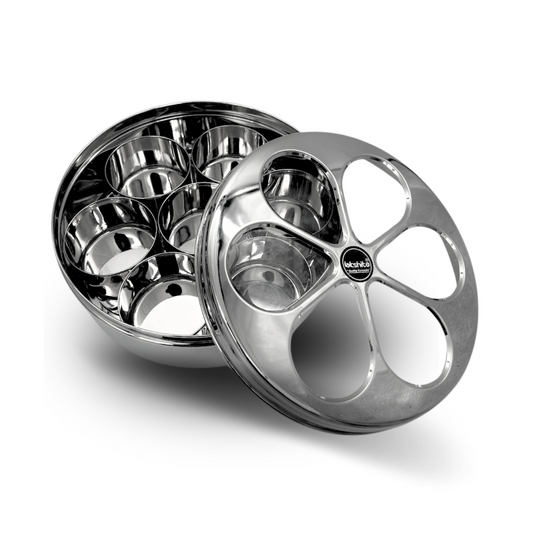 Stainless Steel Lakshita Masala Dabba with 7 bowls for spices with see through lid 18.5cm