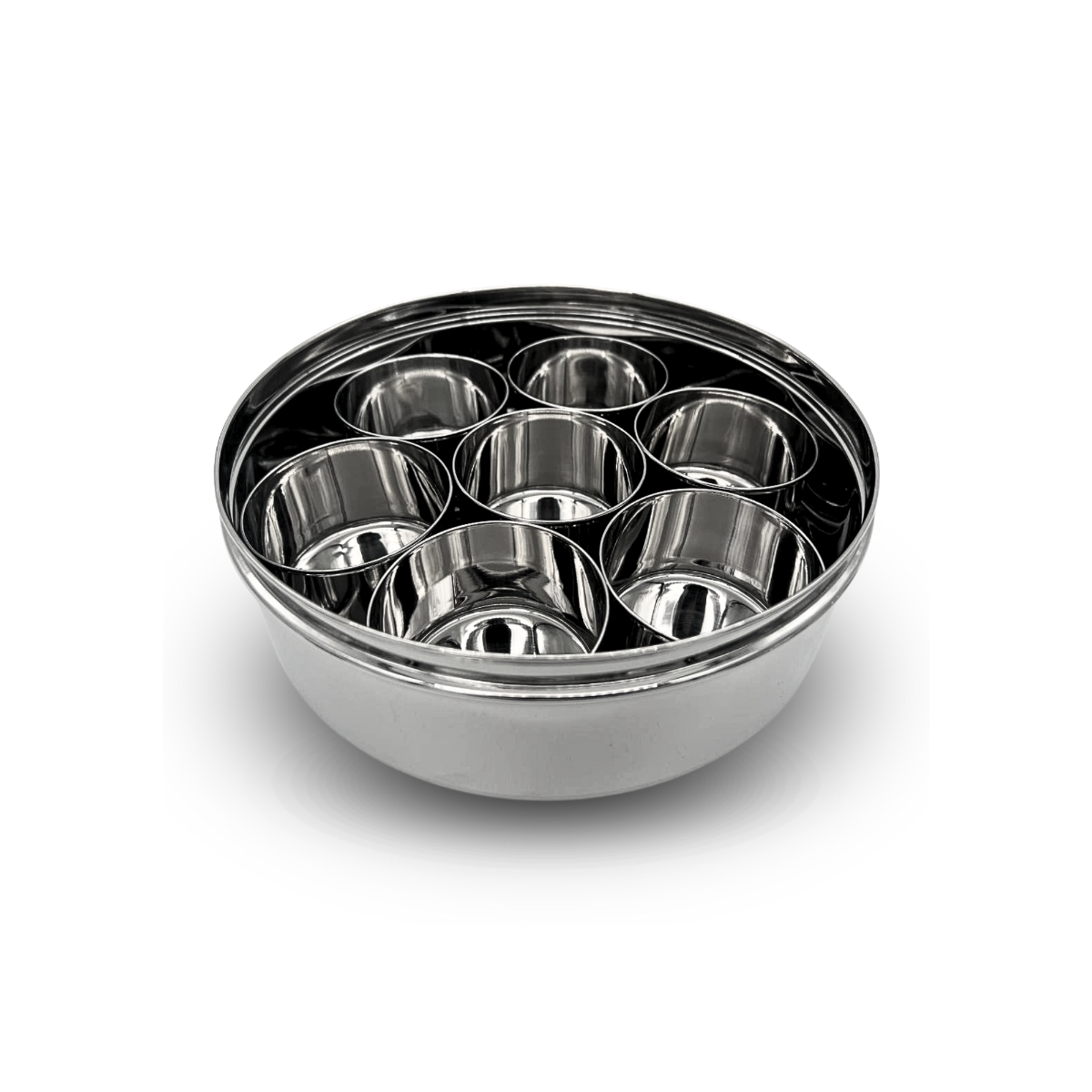 Stainless Steel Lakshita Masala Dabba with 7 bowls for spices with see through lid 18.5cm