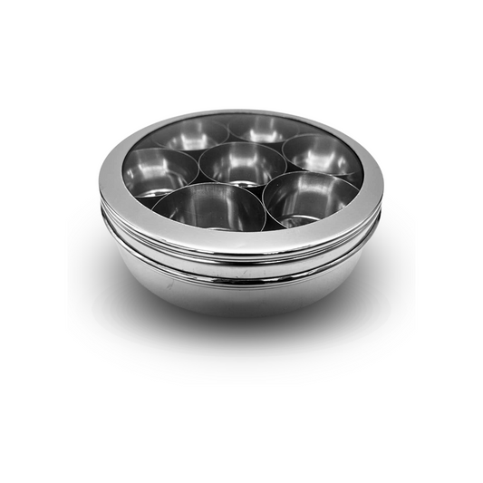 Stainless Steel Masala Dabba with 7 bowls for spices with see through lid 24cm
