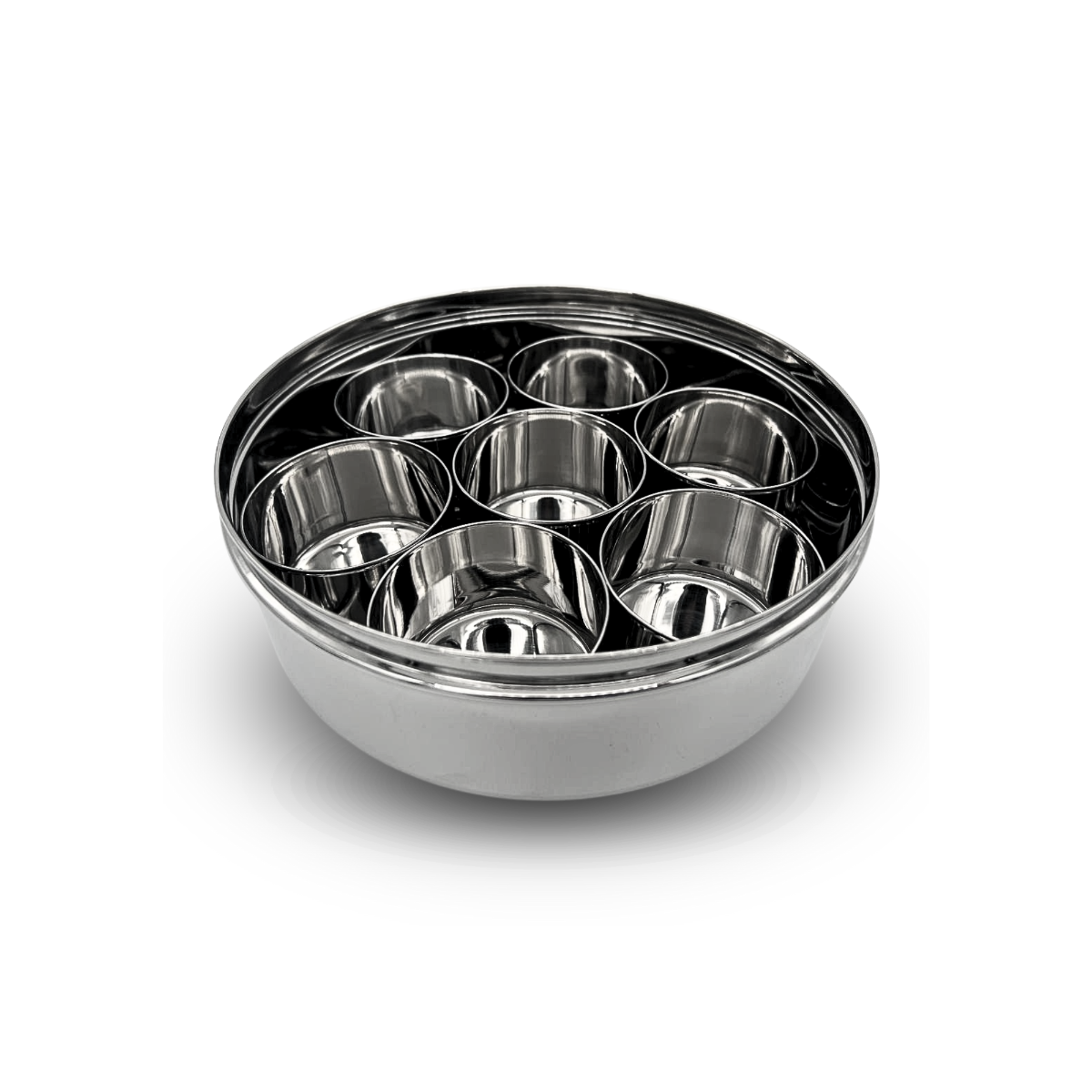 Stainless Steel Masala Dabba with 7 bowls for spices with see through lid 16cm
