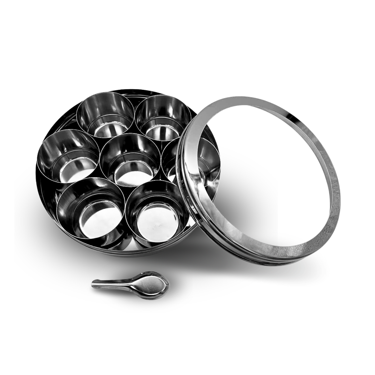 Stainless Steel Masala Dabba with 7 bowls for spices with see through lid 16cm
