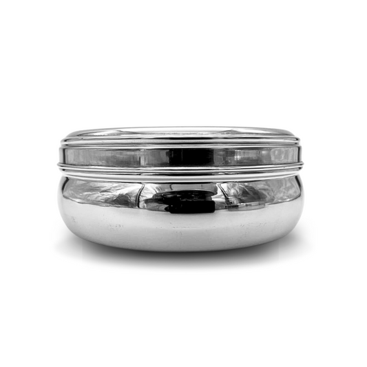 Belly-Shaped Masala Dabba - Stainless Steel Spice Box with See-Through Lid (19cm)