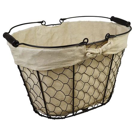 Black Chicken Wire Basket Oval With Handle & Fabric Lining