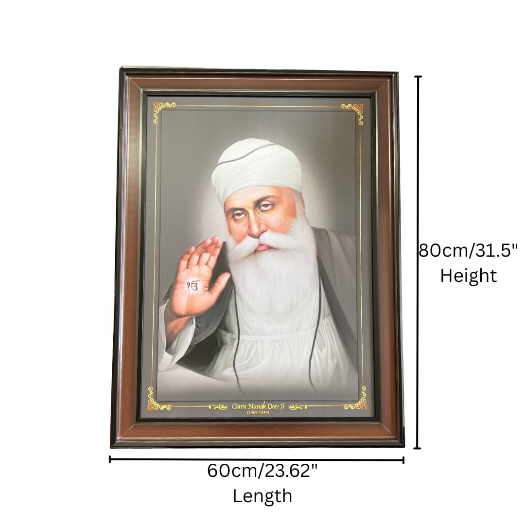 Guru Nanak Dev Ji Portrait Wall Hanging – 80cm x 60cm Large Frame with Hooks