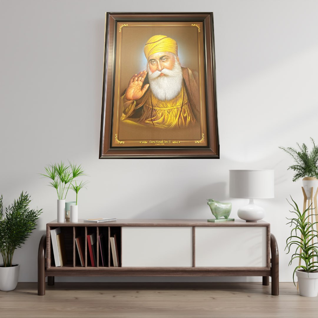 Guru Nanak Dev Ji Portrait Wall Hanging – 80cm x 60cm Large Frame with Hooks