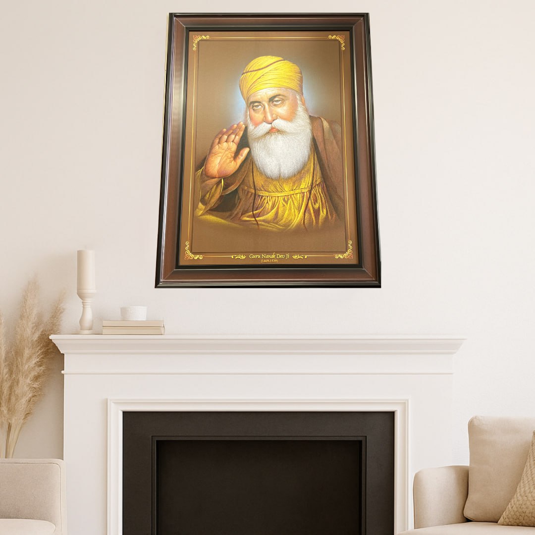 Guru Nanak Dev Ji Portrait Wall Hanging – 80cm x 60cm Large Frame with Hooks