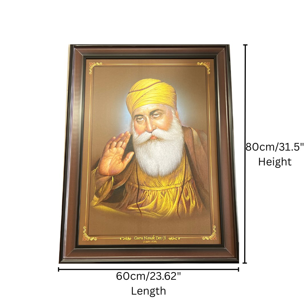 Guru Nanak Dev Ji Portrait Wall Hanging – 80cm x 60cm Large Frame with Hooks