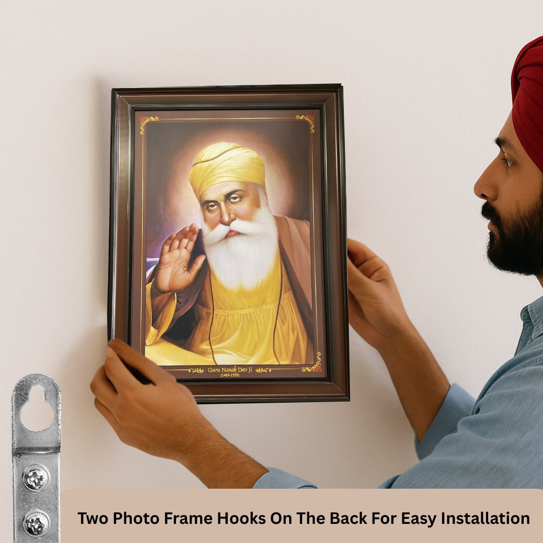 Guru Nanak Dev Ji Portrait Wall Hanging – 80cm x 60cm Large Frame with Hooks