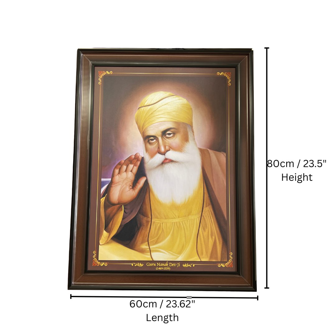 Guru Nanak Dev Ji Portrait Wall Hanging – 80cm x 60cm Large Frame with Hooks