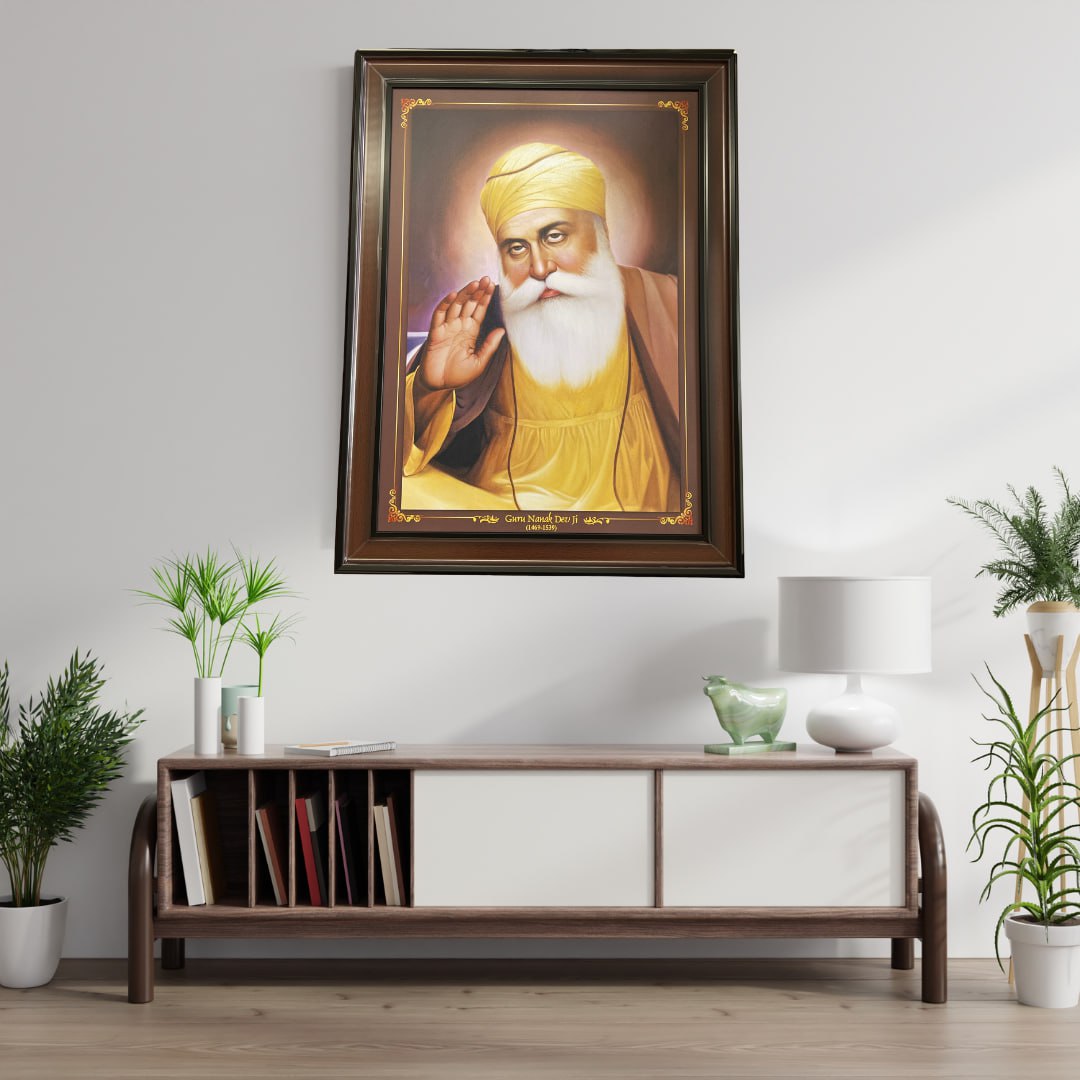 zig zag Guru Nanak Dev Ji Religious Photo Frame For Wall hanging ,Gift, Temple, Pooja Room, Home Décor and Worship ( 24 x 34 cm , Brown Golden Border