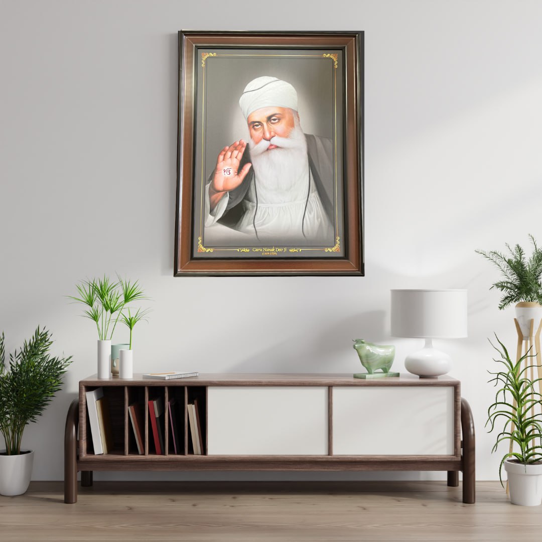 Guru Nanak Dev Ji Portrait Wall Hanging – 80cm x 60cm Large Frame with Hooks