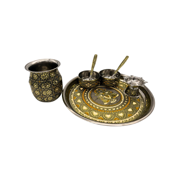 10-Inch Stainless Steel Pooja Thali Set with Kalash, 2 Bowls, 2 Spoons, and Diya/Dhoop Stand - Ideal for Religious Rituals & Festive Occasions