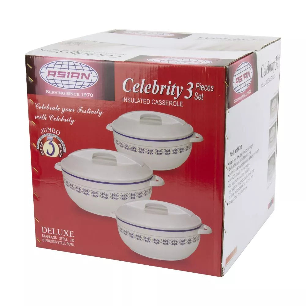 Asian Professional Celebrity Insulated Casserole Set (3 Pieces) with Lids – 1000ml, 1600ml, 2500ml (Beige)