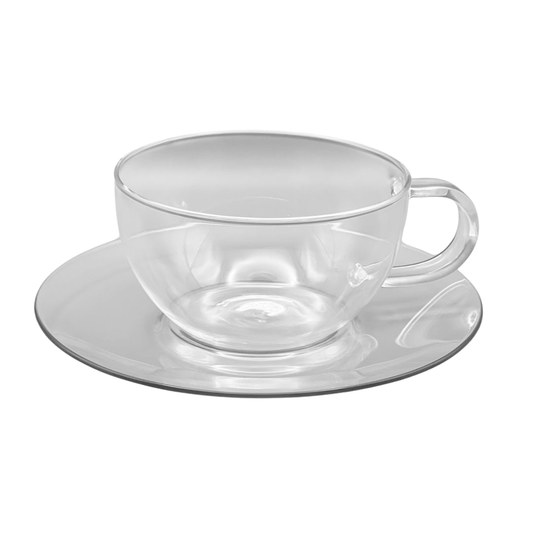 Clear Glass Cappuccino Cup & Saucer Set 400ml/13.5oz Modern Tea Coffee Teacup