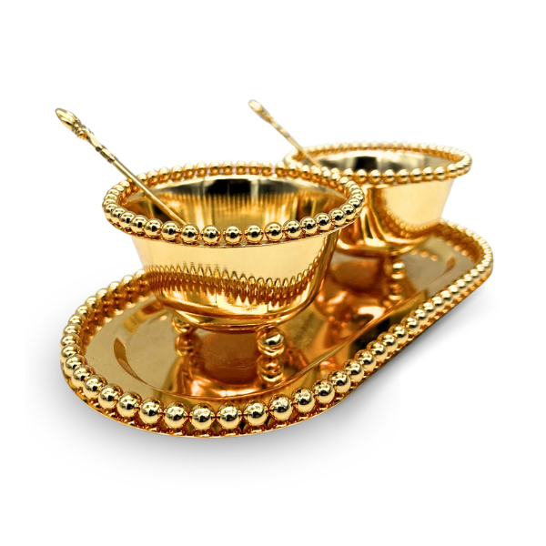 Traditional Gold Table Serving Set with 1 Tray, 2 Bowls, and 2 Spoons