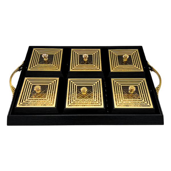 Black and Gold Rectangle Platter Tray with 6 Compartments and Lids