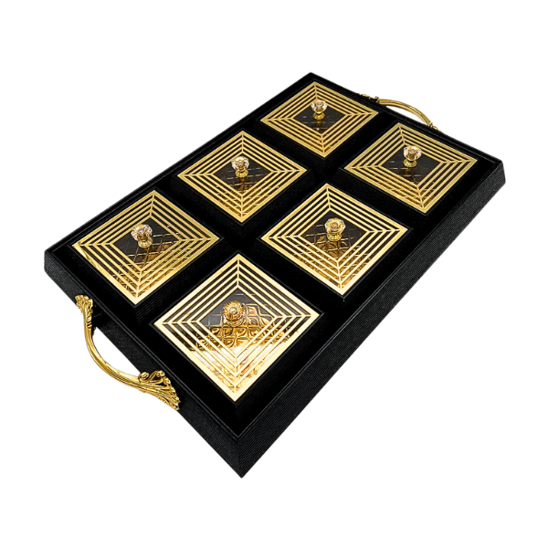 Black and Gold Rectangle Platter Tray with 6 Compartments and Lids