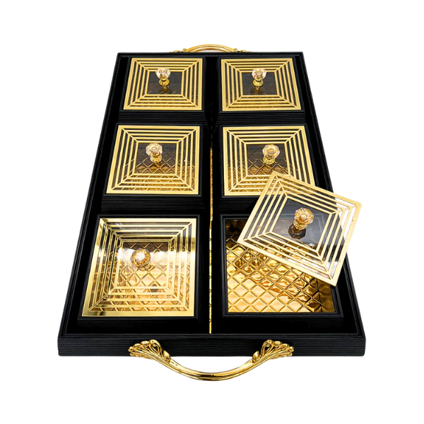 Black and Gold Rectangle Platter Tray with 6 Compartments and Lids