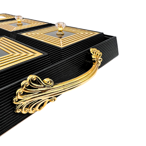 Black and Gold Rectangle Platter Tray with 6 Compartments and Lids