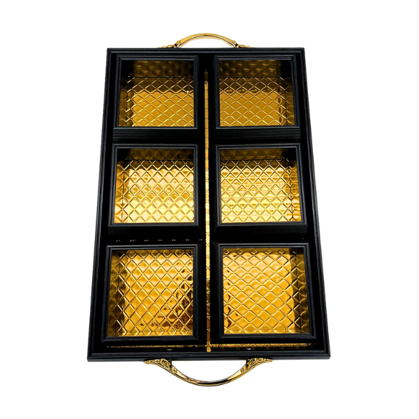 Black and Gold Rectangle Platter Tray with 6 Compartments and Lids