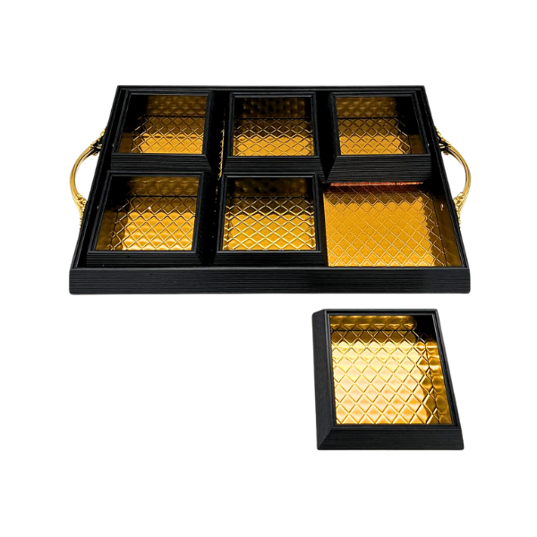 Black and Gold Rectangle Platter Tray with 6 Compartments and Lids