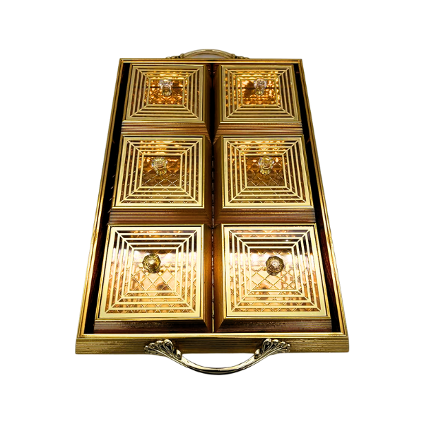 Gold Rectangle Platter Tray with 6 Compartments and Lids