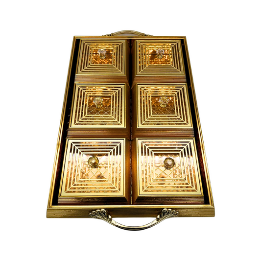 Gold Rectangle Platter Tray with 6 Compartments and Lids