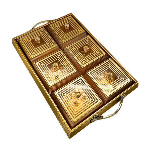 Gold Rectangle Platter Tray with 6 Compartments and Lids