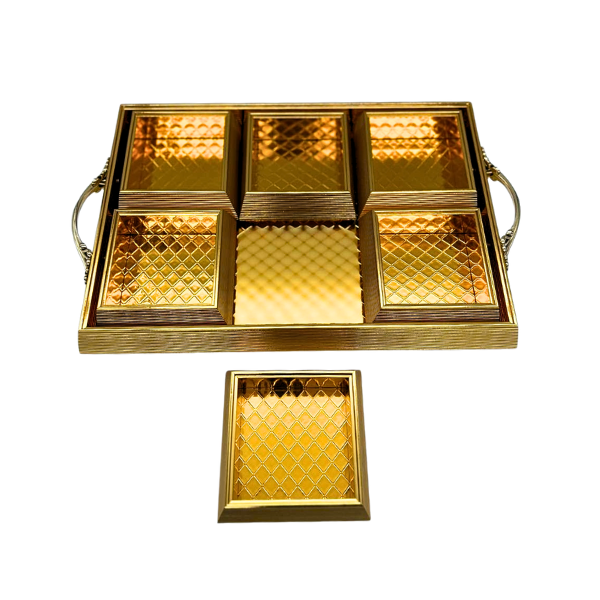 Gold Rectangle Platter Tray with 6 Compartments and Lids