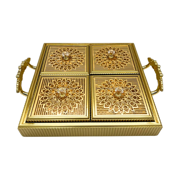 Golden Square Tray with 4 Compartments and Lids