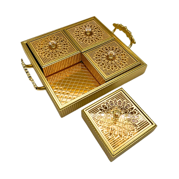 Golden Square Tray with 4 Compartments and Lids