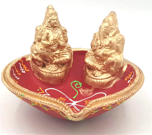 Hand-Painted Shubh Labh Ganesha & Laxmi Ji Sitting on Large Clay Diya - Traditional Design