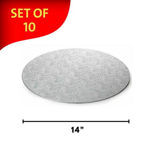 Round Embossed Set of 10 Cake Drums Thin Board Silver 14"