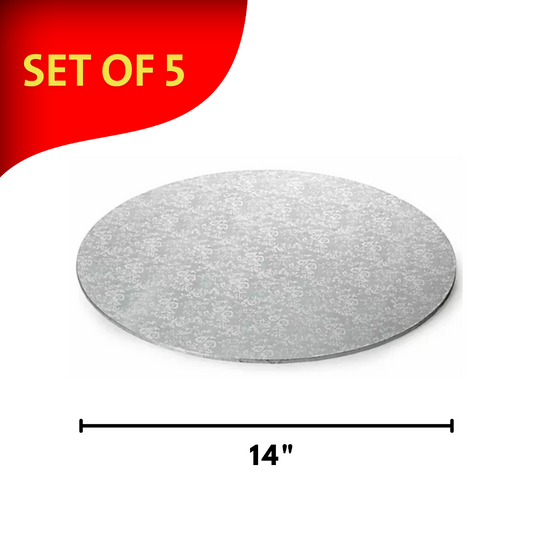 Round Embossed Set of 5 Cake Drums Thin Board Silver 14"