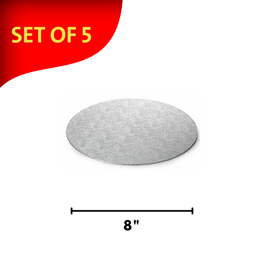 Round Embossed Set of 5 Small Cake Drums Thin Board Silver 8"