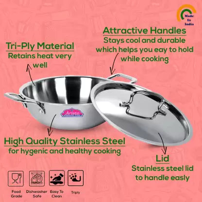 Aristo Triply Induction-Friendly Stainless Steel Kadhai with Lid – Available in 5 Sizes